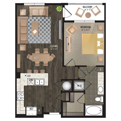 Floor plan for 1 bed, 1 bath, 808 sqft